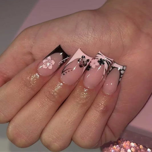24Pcs Black French Tip Fake Nails Pink Flower Printed Simple DIY Manicure Mid-length Coffin Press On Nails Reusable Nails Art