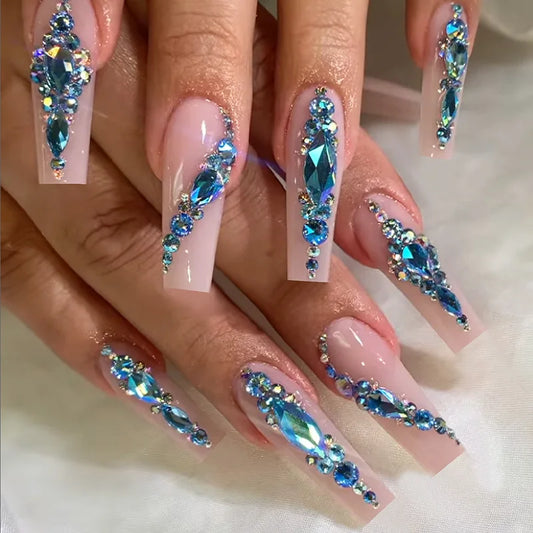 24Pcs Long Nude Square Head Nails Set Press on Rhinestone Decoration False Nails Detachable Finished Full Cover Fake Nails Tips