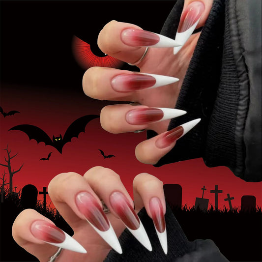 24Pcs Long Almond Nails Set Press on Red Cat's Eye Spider Web Design Fake Nails Halloween Detachable Full Cover False Nails Tips