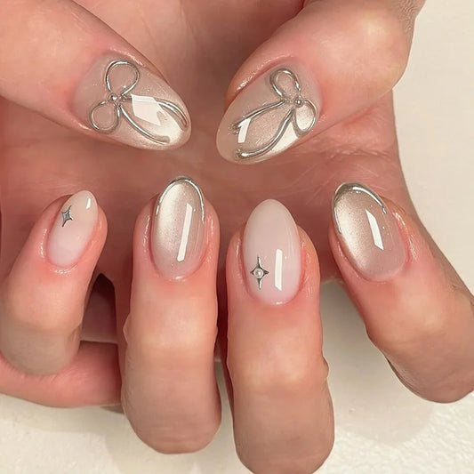 24pcs Cat's Eye Press on  Nails Tips Pearl Starlight Bow Design Short Almond False Nails Art Wearable Ins Oval Fake Nail Sets