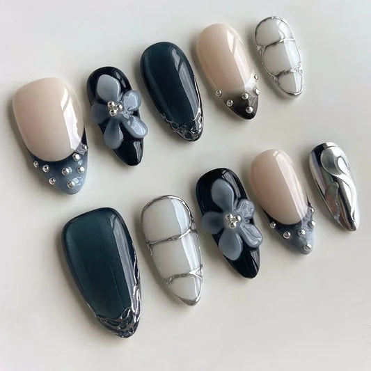 24Pcs 3D Strawberry Rabbit Flower Fake Nails Press on Mid-length Almond Wearable False Nails Green Gradient Pearl Manicure Tips