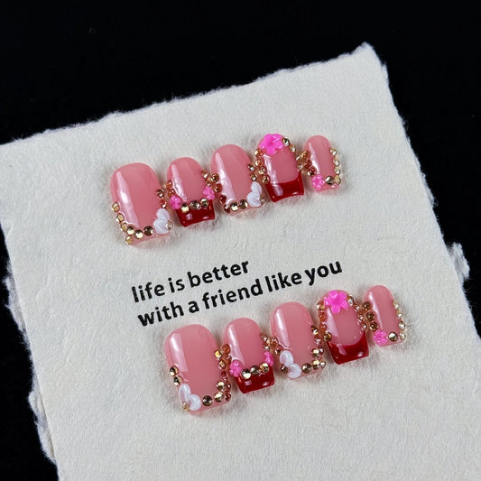 10pcs high-end Pink girl style, hand-painted three-dimensional engraved design, dazzling point-of-light diamonds handmade fake