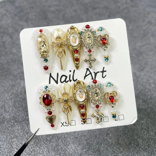 10Pcs Luxurious Religious Retro Long Stiletto Nail Art Set Cross Angel Handmade Nail Sticker Wearable Acrylic Manicure for Women