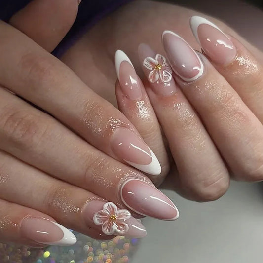 24pcs Wearable False Nail Mid-length Almond Nails Sets Press on Flower Pearl Design Nails Tips White French Fake Nail Finished