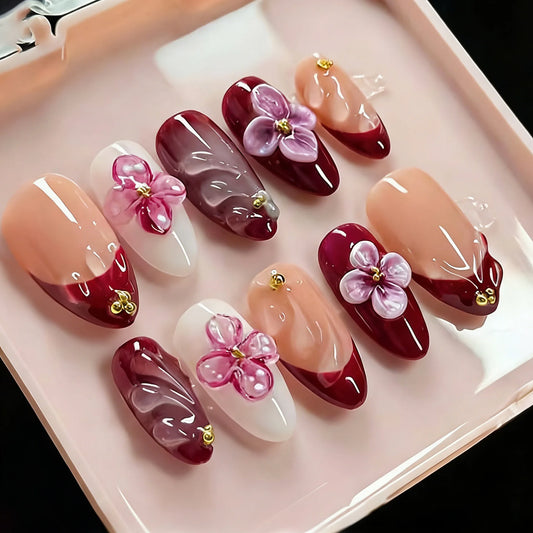 24pcs Flower Black French Fake Nails Tips with Rhinestone Decor Design Almond Press on Nails Art Detachable Fashion False Nail