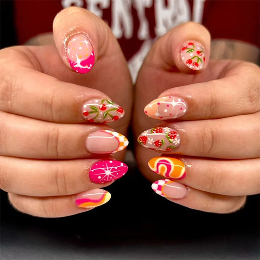 24Pcs Mid-length Almond Fake Nails Press on Grid French Strawberry Cherry Full Cover Nails Tips Polka Dot Detachable False Nails