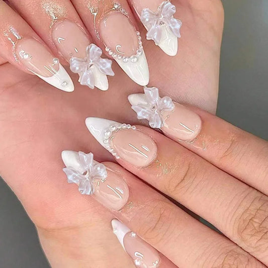 24pcs Bow Stick on Nail Ins French White Long Almond Fake Nails Tips Nude Color Stiletto False Nail Sets Wearable Press on Nails