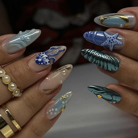 24Pcs Gold Ripple Brown Flowers False Nails with Rhinestones Pearl Design Wearable Almond False Nails Full Cover Press on Nails
