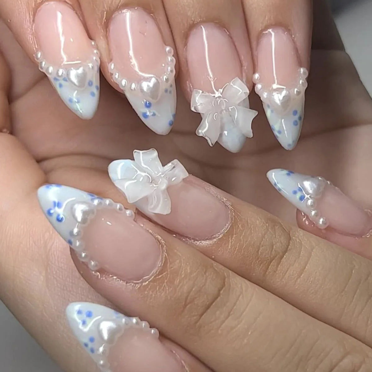 24Pcs Light Blue Smudge Fake Nails Press on Almond Gold Leaf Removable Long Full Cover Nail Tips Wearable Finished Nail Art