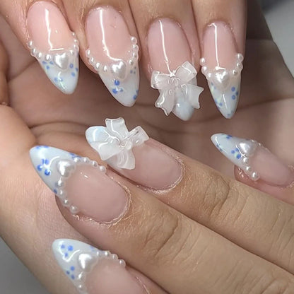 24Pcs Light Blue Smudge Fake Nails Press on Almond Gold Leaf Removable Long Full Cover Nail Tips Wearable Finished Nail Art