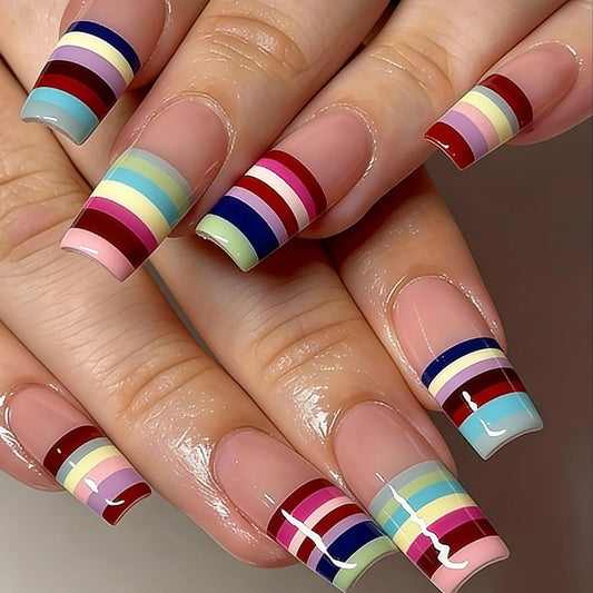 24pcs Colorful strip False Nails Summer dopamine colored lines polka dot Design Long Coffin Press on Nails INS Sweet Fake Nails