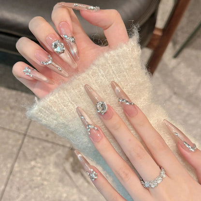 10pcs Long Ballerina Almond False Nail Tips Handmade Glossy Pink Cat's Eye Press On Nails Sweet Simple Gentle Fake Nail For Girl