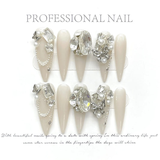 Handmade Long Stiletto Press On Nails Reusable Butterfly Diamond Decoration Fake Nails Full Cover Artificial Wearable False Nail