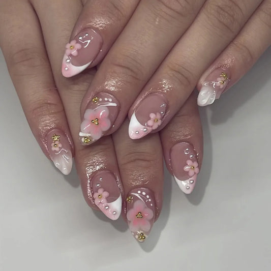 24pcs Short Almond False Nails Press on Gradient Pink Nails Tips with Flower Pearl Design Fake Nail French Manicure Art Finished