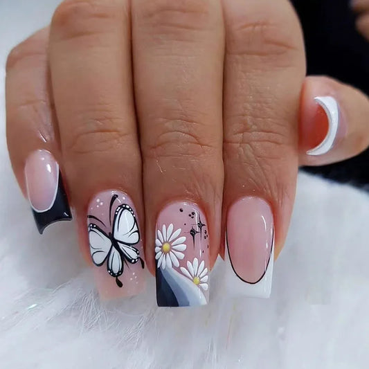 24Pcs Mid-length Square French False Nails Press on 3D Flower Crocodile Grain Design Fake Nails Detachable Full Cover Nails Tips