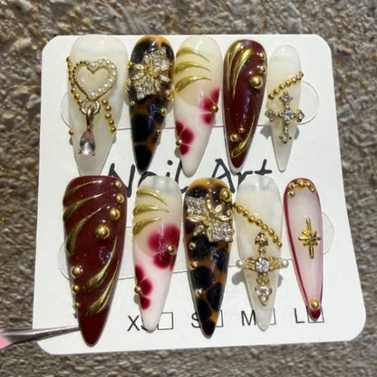 10pcs Long Polka Dot French Stiletto Handmade Press on Nails 3D Flower False Nails with Colorful Pearl Design Uñas Postizas 네일팁