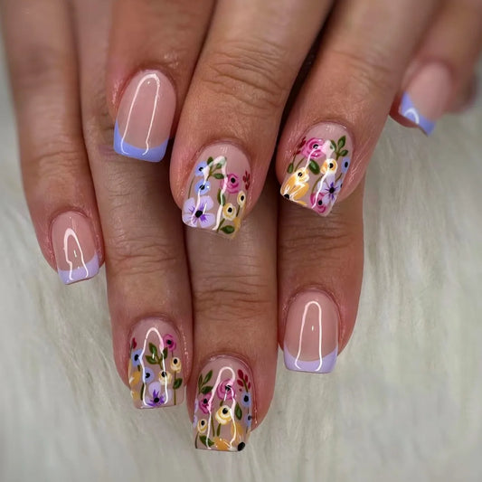 24pcs Flower Press on Nails Art with Leopard Print Design Fake Nails Tips Rhinestone White French Short Square False Nail Sets