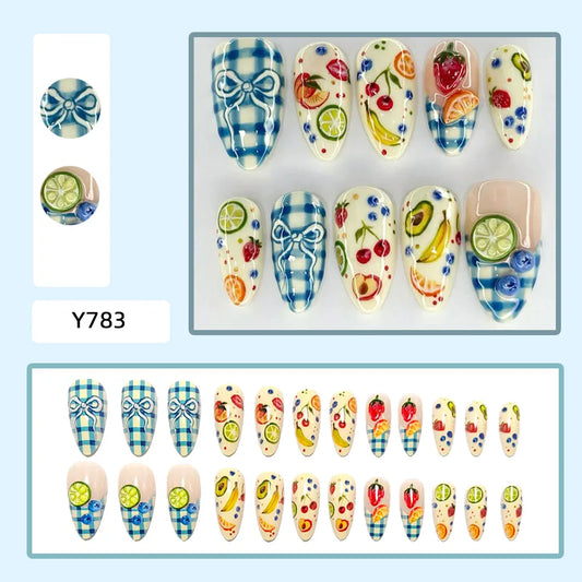 24pcs Summer Blue Plaid False Nails Cute Various Fruit Bowknot Pattern Press On Nails Fresh Picnic Style French Almond Fake Nail