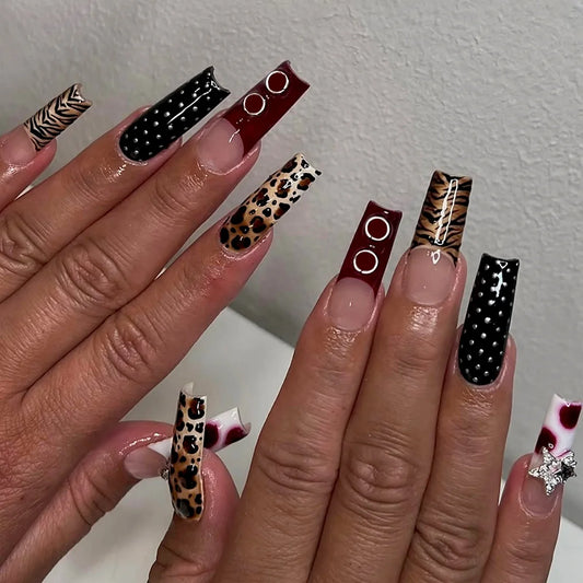 24pcs Long Coffin Press on Nails Leopard Print French Ballet Fake Nails for Women Girls Wearable European Spicy Girl False Nails