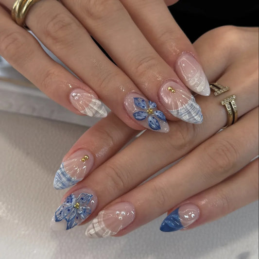 3D Pearl Shell Water Ripple Flowers Pink Yellow French Nail Art Summer False Nails Detachable Finished Fake Nails Press on Nails