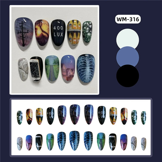 24pcs Glossy Almond Fake Nail Patches Full Cover Acrylic Material False Nails With Highway Dusk Bones Designs Press On Nail