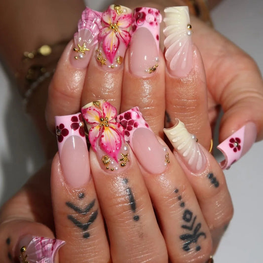 24Pcs Square Head French False Nails with Pearl Fashion Colorful Flower Designs Press on Fake Nails Long 3D Artificial Nail Tips