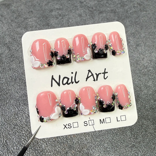 10Pcs Short Square Head Handmade Press on False Nails Green French 3D Flower Full Cover Nails Tips Wearable Finished Fake Nails