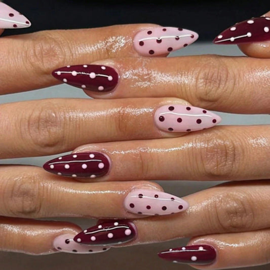 24PCS Polka Dot Pressed Nail, Almond Shaped Fake Nail, Pink Fake Nail, Acrylic Glossy Cute Artificial Nail, Suitable For Women