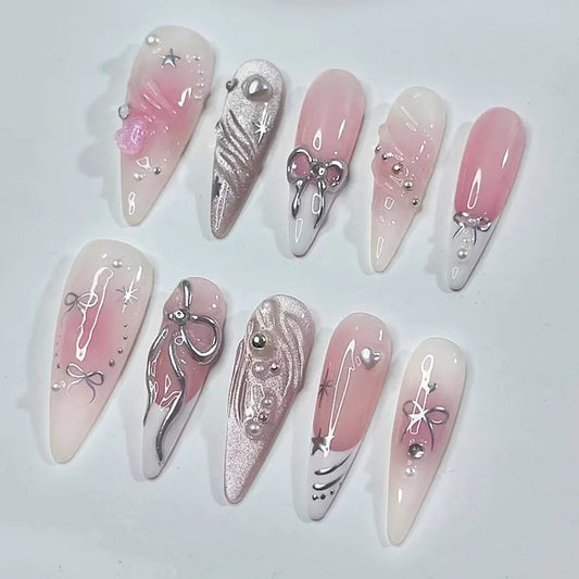 24Pcs Pink Smudge Cat's Eye Press on Nails Art 3D Bow Heart French Full Cover False Nails Long Stiletto Reusable Fake Nails Tips