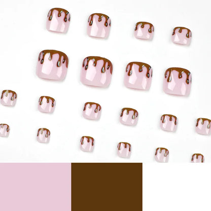Flow Chocolate Design Artificial Toenails Glossy Fashion Toe Fake Nails with Glue Wearable Short Flat Shape Fake Toenails