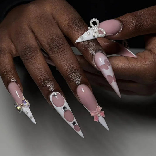 24pcs Long Stiletto False Nails Smudge Silver Design Full Cover Nail Tips Black Almond Wearable Press on Nails Sets Fake Nail