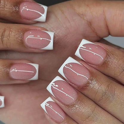 24Pcs Nude White French Fake Nail Short Square Nail Tips Fashion Wearable False Nails with Glue Simple Full Cover Press on Nails