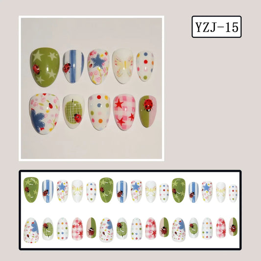 24PCS Almond Press on Nails Ladybug Star Butterfly Print Polka Dot Plaid Stripe Pattern Fresh Summer Style Reusable False Nails
