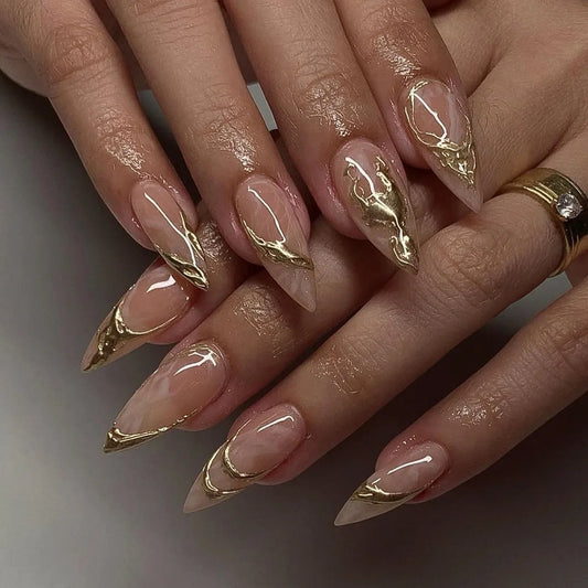 24Pcs 3D Gilded Irregular French Design Press on False Nails Mid-length Almond Fake Nail Reusable Finished Full Cover Nails Tips