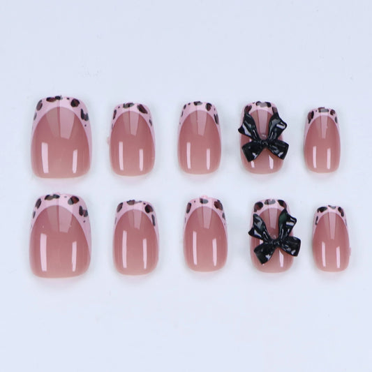 10PCS Short Black Full Cover Fake Nail Set -Press On Nails Bowknot Design-1pc Nail File & 1Nail Glue Sticker Kit Nail