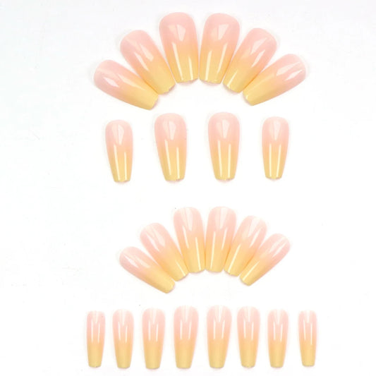 24PCS Long Press Nail Coffin Fake Nail Bright Yellow Gradient Acrylic Nail Press Artificial Fake Nail