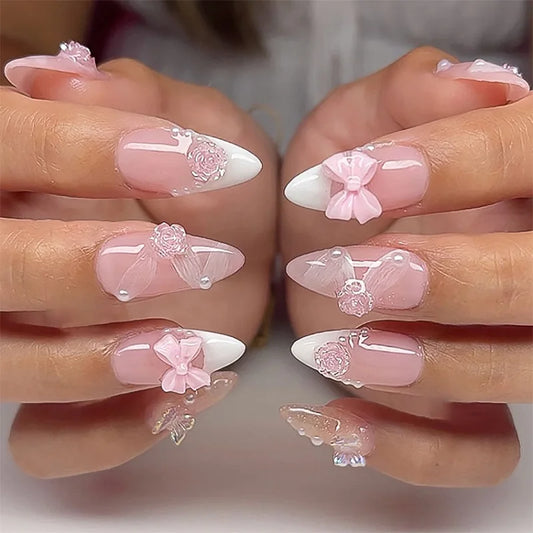 24pcs White French Style Press On Nails Glossy Pink Almond Korean Sweet False Nails Bowknots Camellia Butterfly Press On Nail