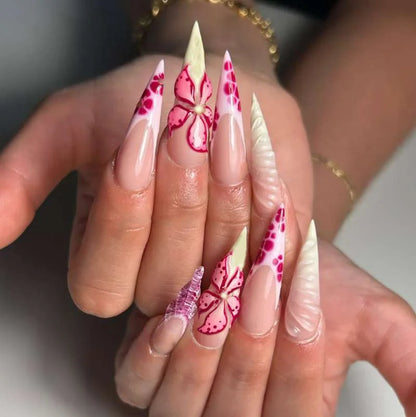 24PCS Red Bow Red False Nails Love Gemstones Stiletto Press on Nails Valentines Day French Tip Design High End Daimond Manicure