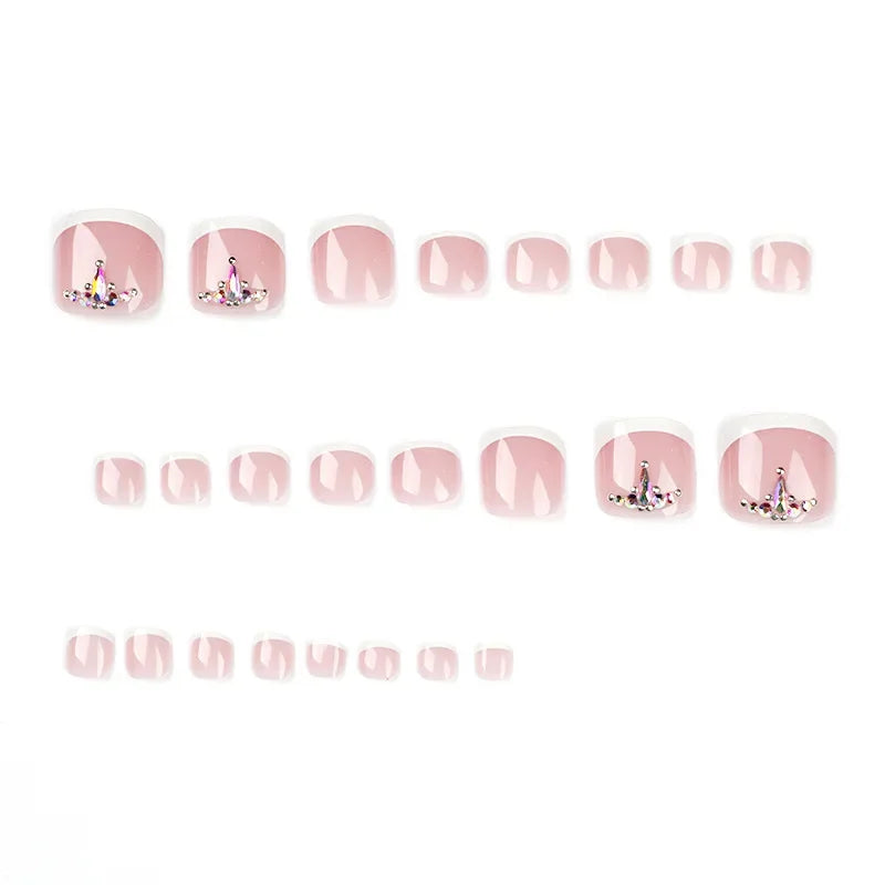 Simple White French Artificial Toenails Shiny Rhinestones Toe False Nails with Glue Wearable Short Flat Shape Fake Toenails