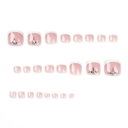 Simple White French Artificial Toenails Shiny Rhinestones Toe False Nails with Glue Wearable Short Flat Shape Fake Toenails