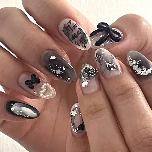 24Pcs Mid-length Almond Full Cover Nails Tips with Black Lace French Design Fake Nail Rhinestone Detachable Press on False Nails
