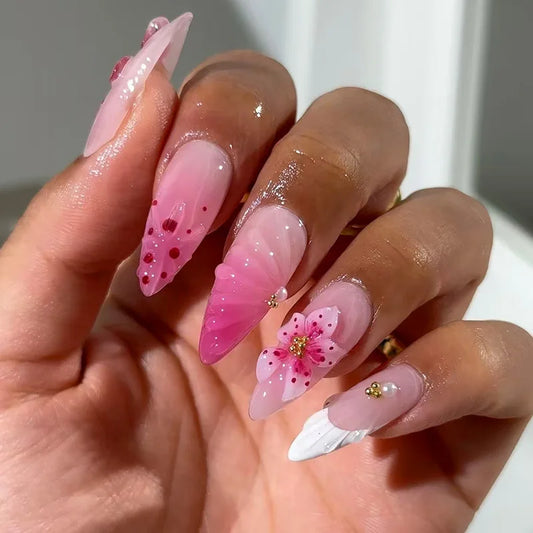 24Pcs Almond French Press on False Nails Full Cover 3D Flower Yellow Pink Gradient Fake Nails Shell Pearl Reusable Manicure Tips