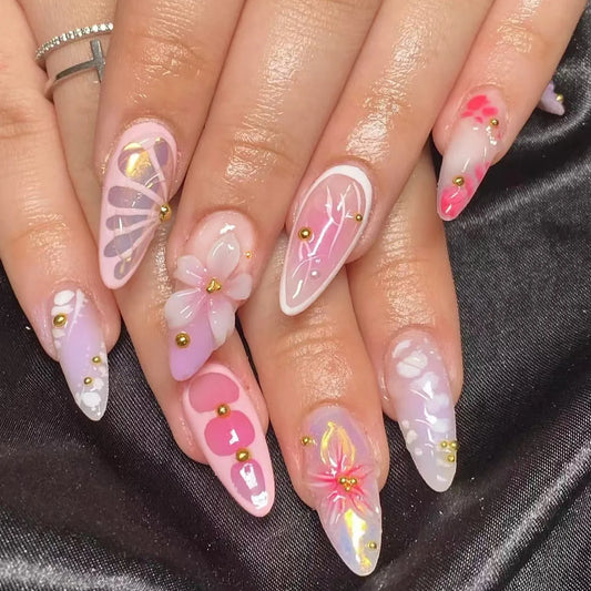 24Pcs 3D Ripple Flower Fake Nails Press on Colorful French Rhinestone Pearl False Nails Mid-length Almond Wearable Manicure Tips