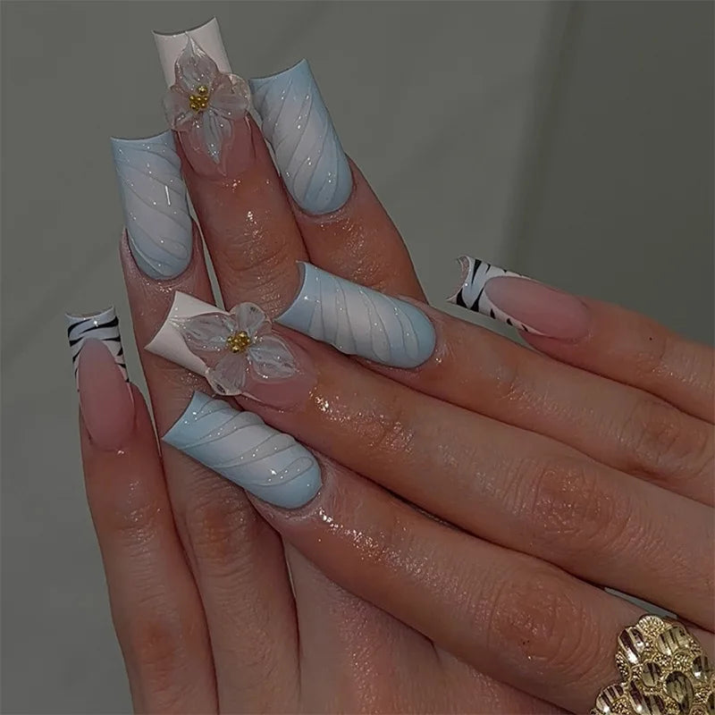 24Pcs Mid-length Square Head Full Cover Nails Tips Red Flower Rhinestone Design Fake Nails 3D Star Reusable Press on False Nails