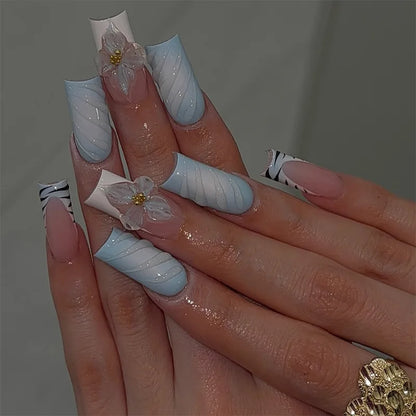24Pcs Mid-length Square Head Full Cover Nails Tips Red Flower Rhinestone Design Fake Nails 3D Star Reusable Press on False Nails