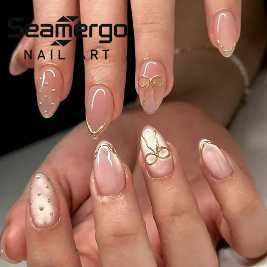 24PCS Sweet French False Nails Nude Pink Almond Press on Nails Gold Bow Line Crystal Studded Minimalist Elegant Style Reusable