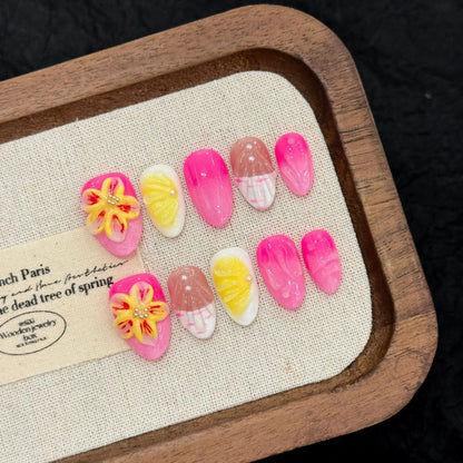 10pcs Handmade Almond Press On Nails Sweet Pink 3D Flower Cat's Eye False Nails Simple Daily Korean Style Fake Nail Manicure Art