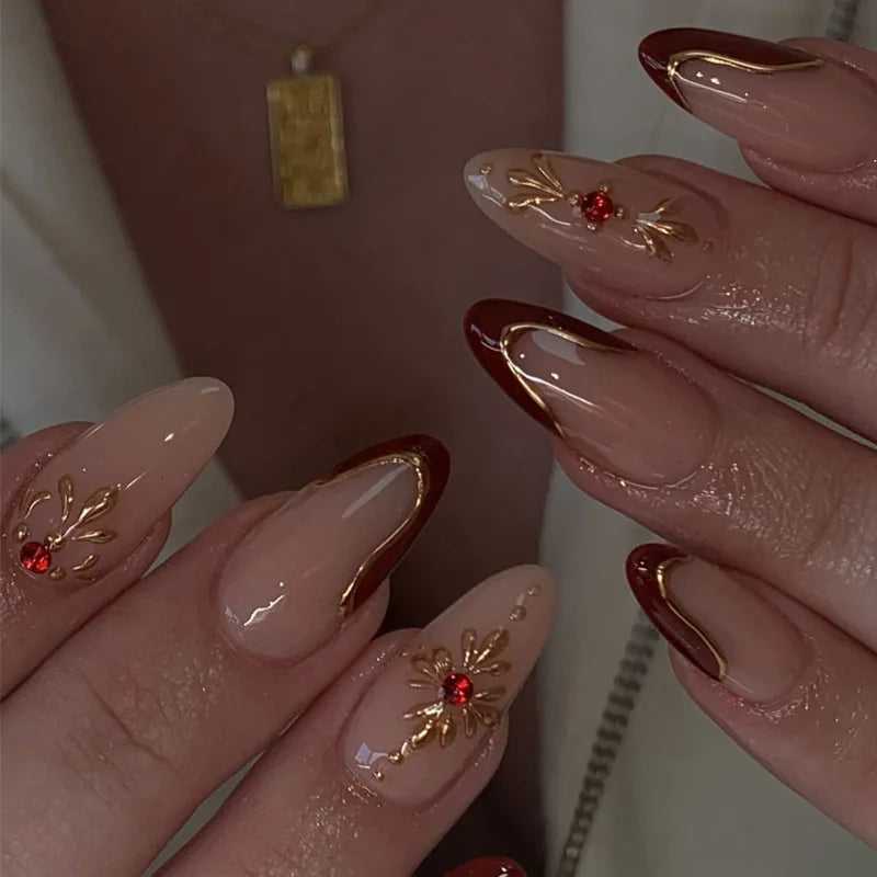 24Pcs Mid-length Almond Reusable Press on Fake Nails 3D Golden Flower Full Cover Nails Tips Wine Red Edge French False Nails Art