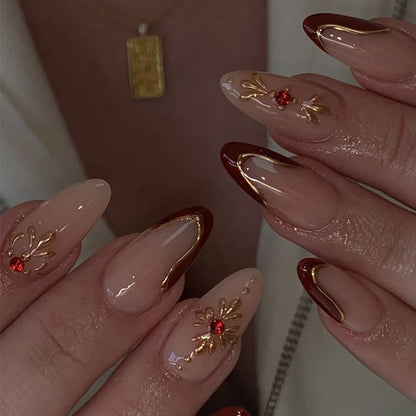 24Pcs Mid-length Almond Reusable Press on Fake Nails 3D Golden Flower Full Cover Nails Tips Wine Red Edge French False Nails Art