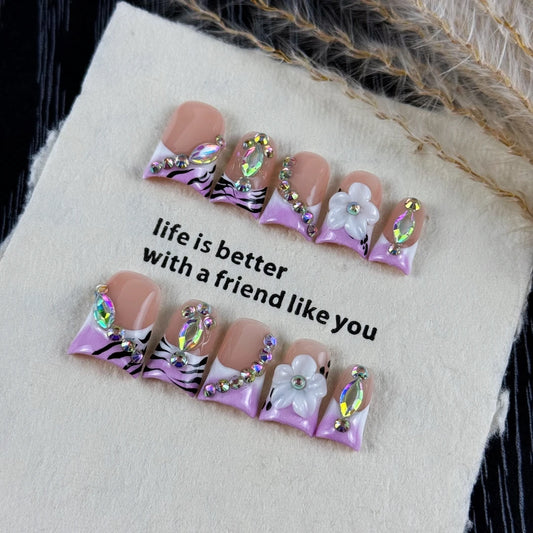10pcs high-end Retro Gothic style, hand-painted zebra pattern, three-dimensional embossing, dazzling glittering diamond handmade